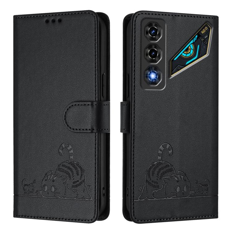 For ZTE nubia Neo 5 5G Cat Rat Embossed Pattern RFID Leather Phone Case with Lanyard