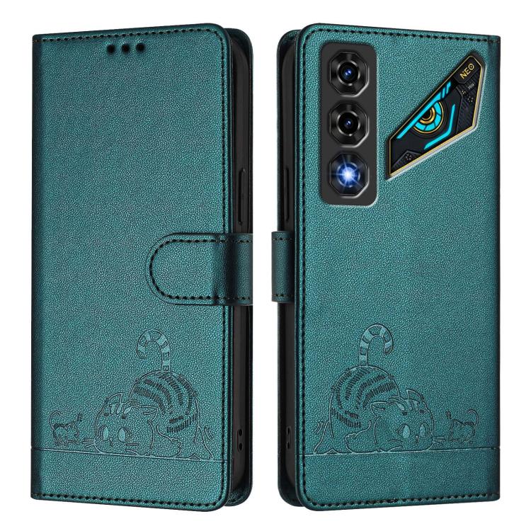 For ZTE nubia Neo 5 5G Cat Rat Embossed Pattern RFID Leather Phone Case with Lanyard