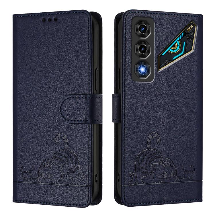 For ZTE nubia Neo 5 5G Cat Rat Embossed Pattern RFID Leather Phone Case with Lanyard
