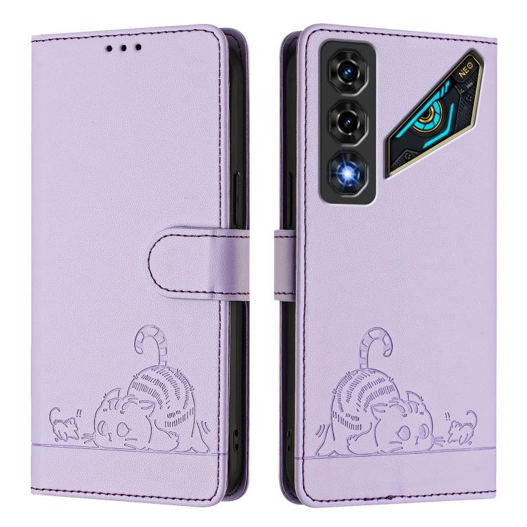 For ZTE nubia Neo 5 5G Cat Rat Embossed Pattern RFID Leather Phone Case with Lanyard