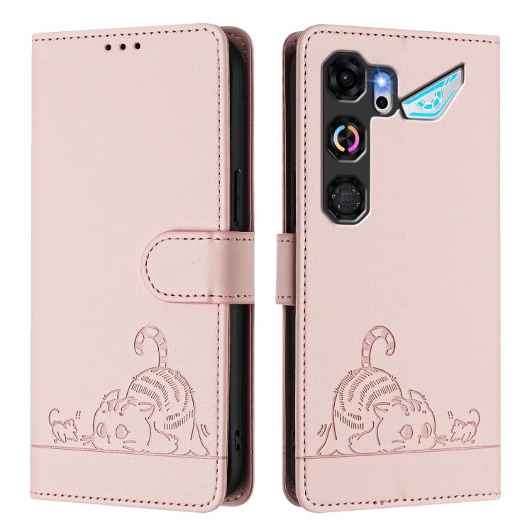 For ZTE nubia Neo 5 GT 5G Cat Rat Embossed Pattern RFID Leather Phone Case with Lanyard