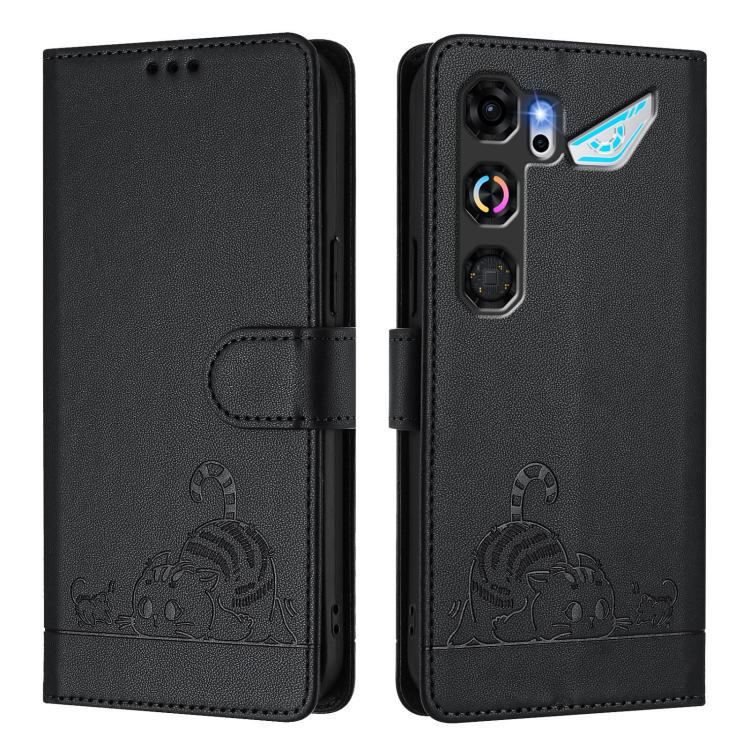 For ZTE nubia Neo 5 GT 5G Cat Rat Embossed Pattern RFID Leather Phone Case with Lanyard