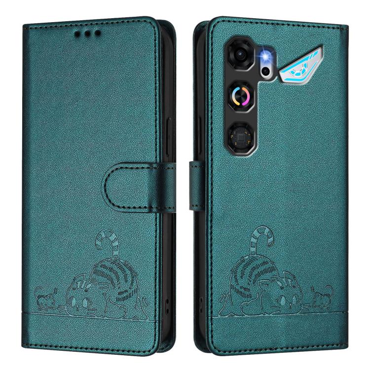 For ZTE nubia Neo 5 GT 5G Cat Rat Embossed Pattern RFID Leather Phone Case with Lanyard
