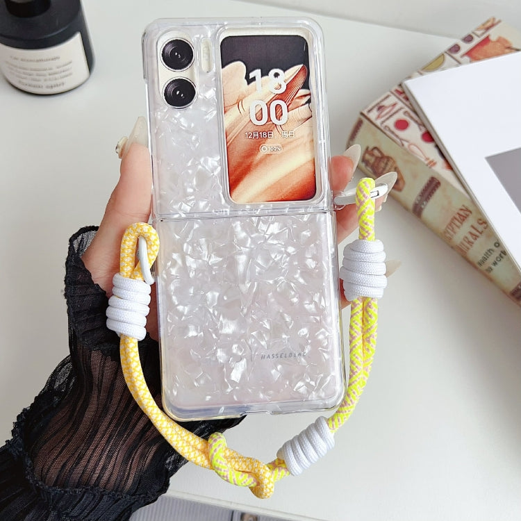 For OPPO Find N2 Flip Pearlescent Shell Texture Side Buckle Phone Case with Rainbow Bracelet
