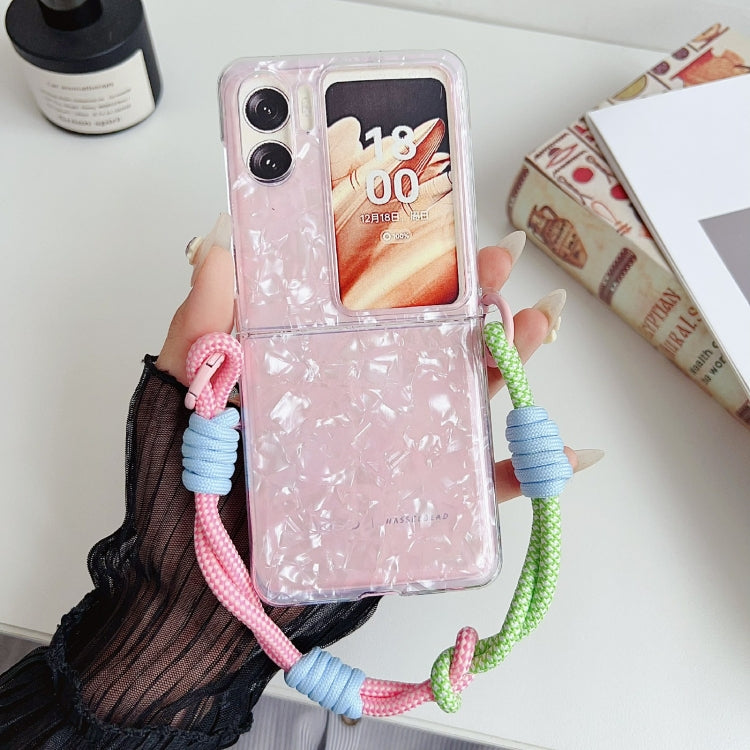 For OPPO Find N2 Flip Pearlescent Shell Texture Side Buckle Phone Case with Rainbow Bracelet