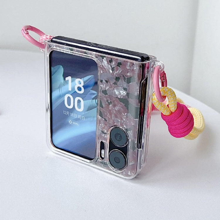 For OPPO Find N2 Flip Pearlescent Shell Texture Side Buckle Phone Case with Rainbow Bracelet