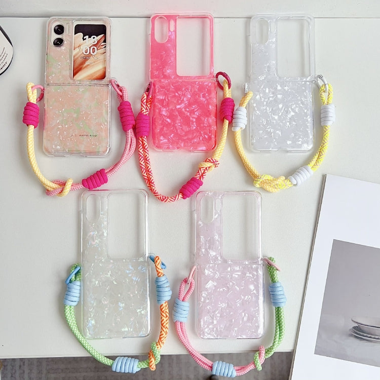For OPPO Find N2 Flip Pearlescent Shell Texture Side Buckle Phone Case with Rainbow Bracelet