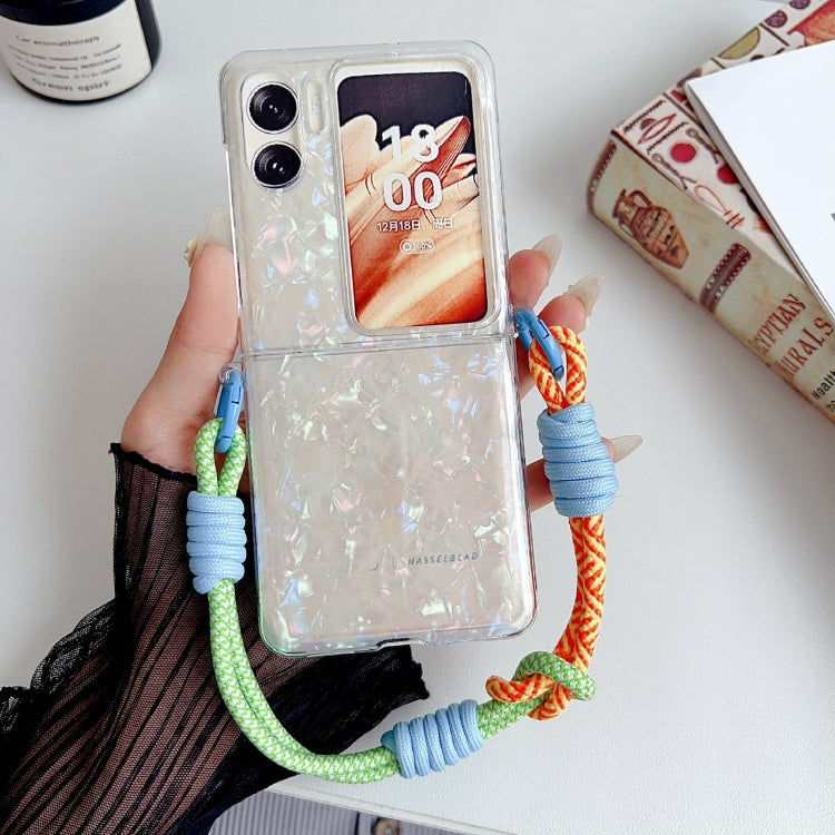 For OPPO Find N2 Flip Pearlescent Shell Texture Side Buckle Phone Case with Rainbow Bracelet