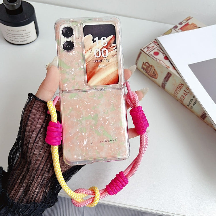 For OPPO Find N2 Flip Pearlescent Shell Texture Side Buckle Phone Case with Rainbow Bracelet