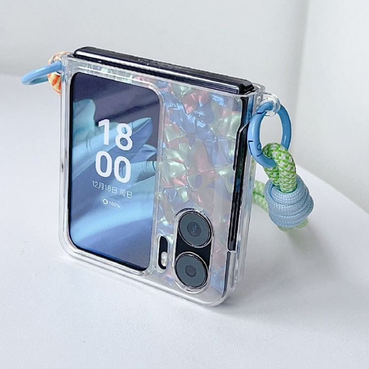 For OPPO Find N2 Flip Pearlescent Shell Texture Side Buckle Phone Case with Rainbow Bracelet