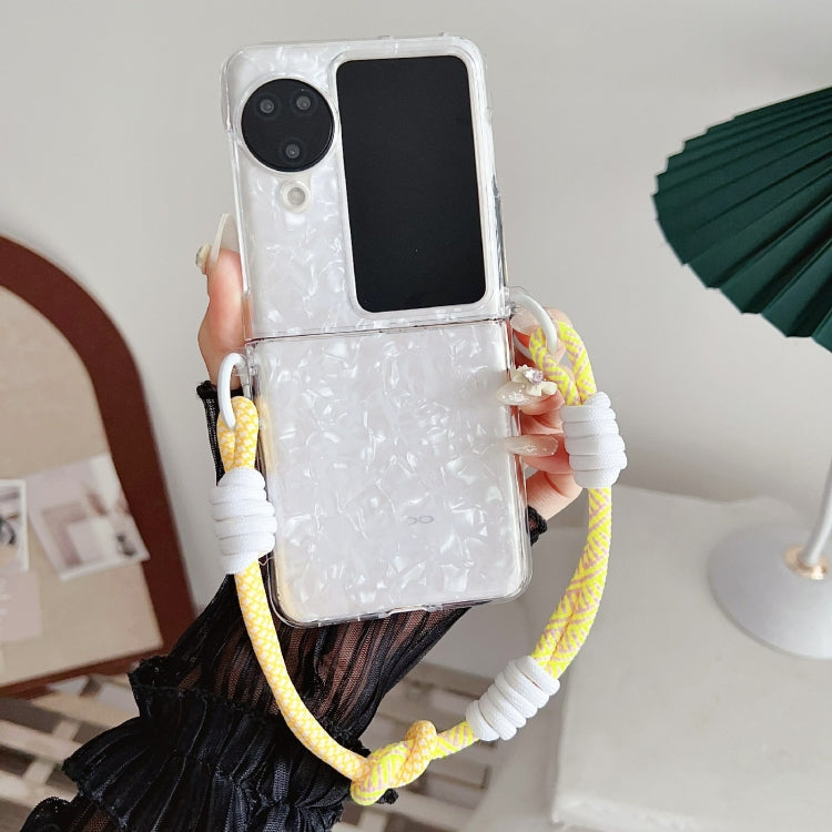 For OPPO Find N3 Flip Pearlescent Shell Texture Side Buckle Phone Case with Rainbow Bracelet