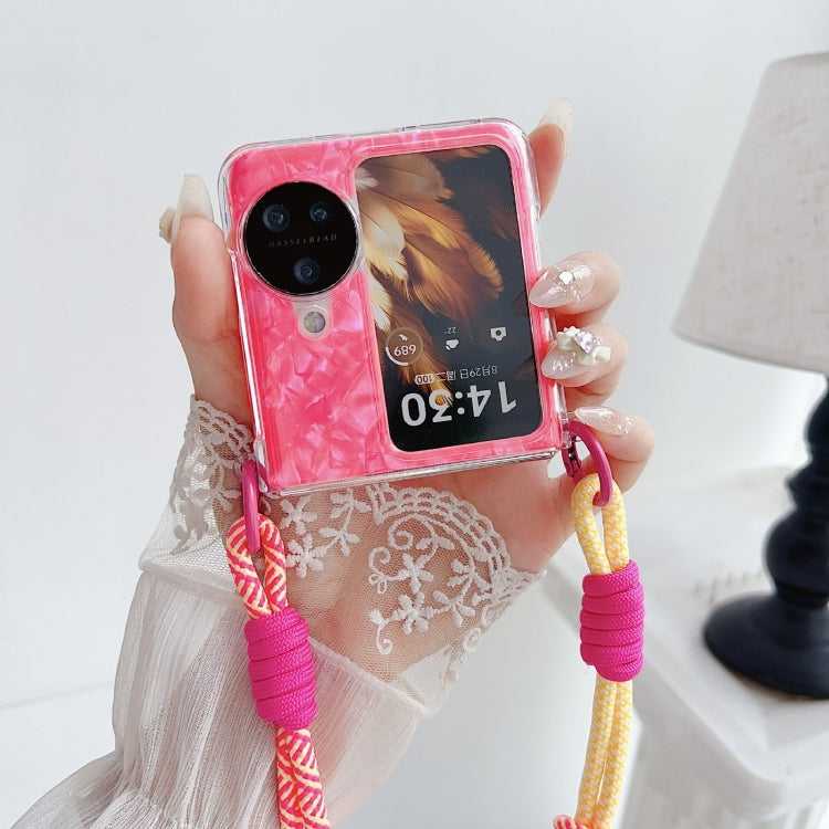 For OPPO Find N3 Flip Pearlescent Shell Texture Side Buckle Phone Case with Rainbow Bracelet