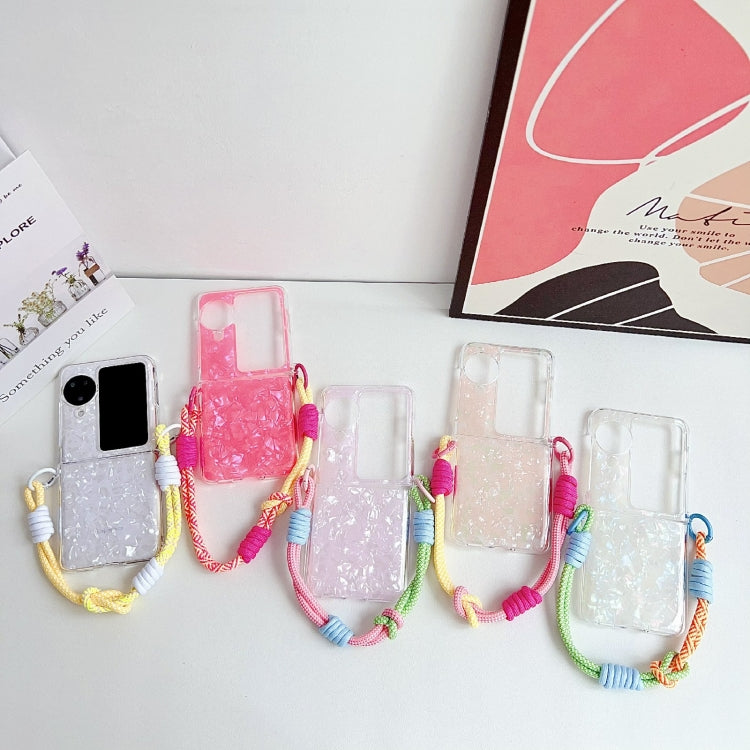 For OPPO Find N3 Flip Pearlescent Shell Texture Side Buckle Phone Case with Rainbow Bracelet