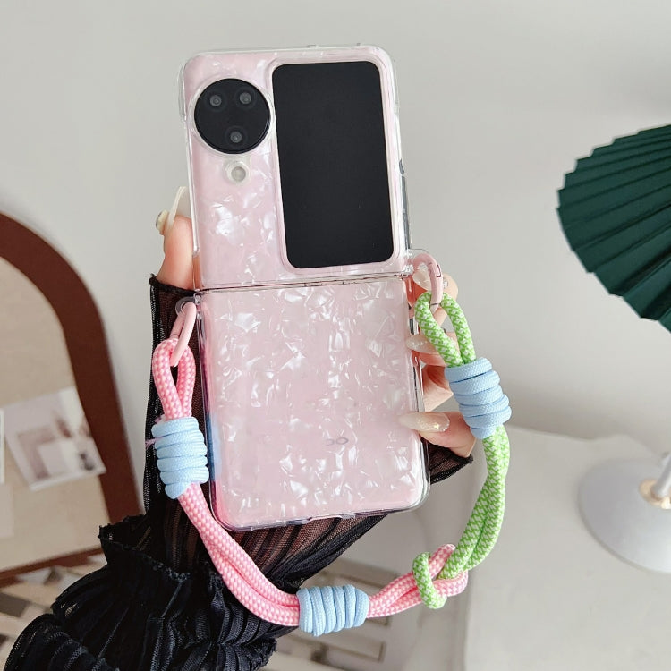 For OPPO Find N3 Flip Pearlescent Shell Texture Side Buckle Phone Case with Rainbow Bracelet