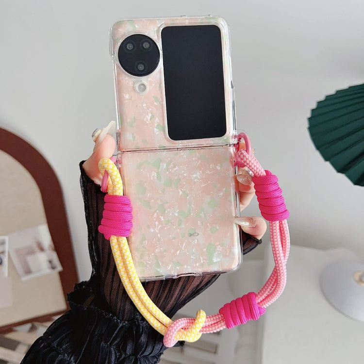 For OPPO Find N3 Flip Pearlescent Shell Texture Side Buckle Phone Case with Rainbow Bracelet