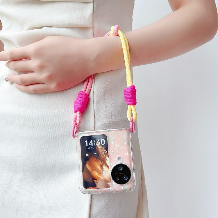 For OPPO Find N3 Flip Pearlescent Shell Texture Side Buckle Phone Case with Rainbow Bracelet
