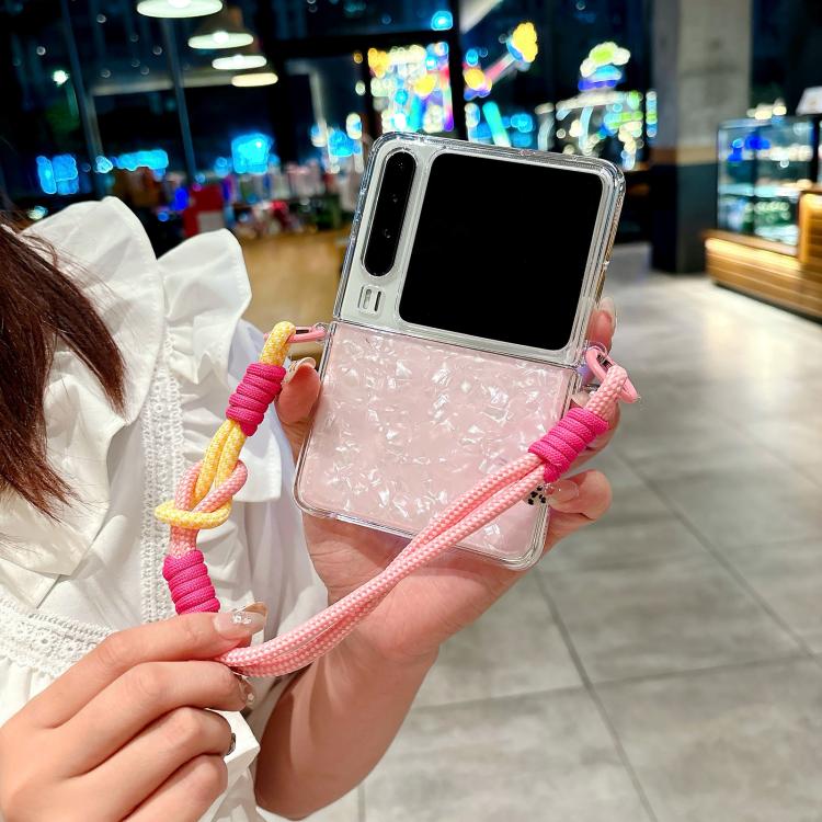 For Huawei Pura X Pearlescent Shell Texture Side Buckle Phone Case with Rainbow Bracelet