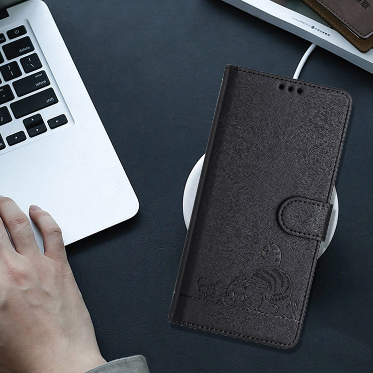 For iPhone 15 Cat Rat Embossed Pattern RFID PU Phone Case with Wrist Strap
