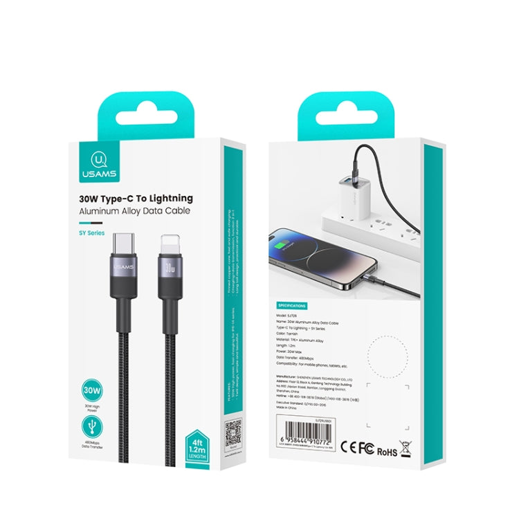USAMS SJ729 30W USB-C/Type-C to 8 Pin Aluminum Alloy Data Cable, Length: 1.2m - Tarnish