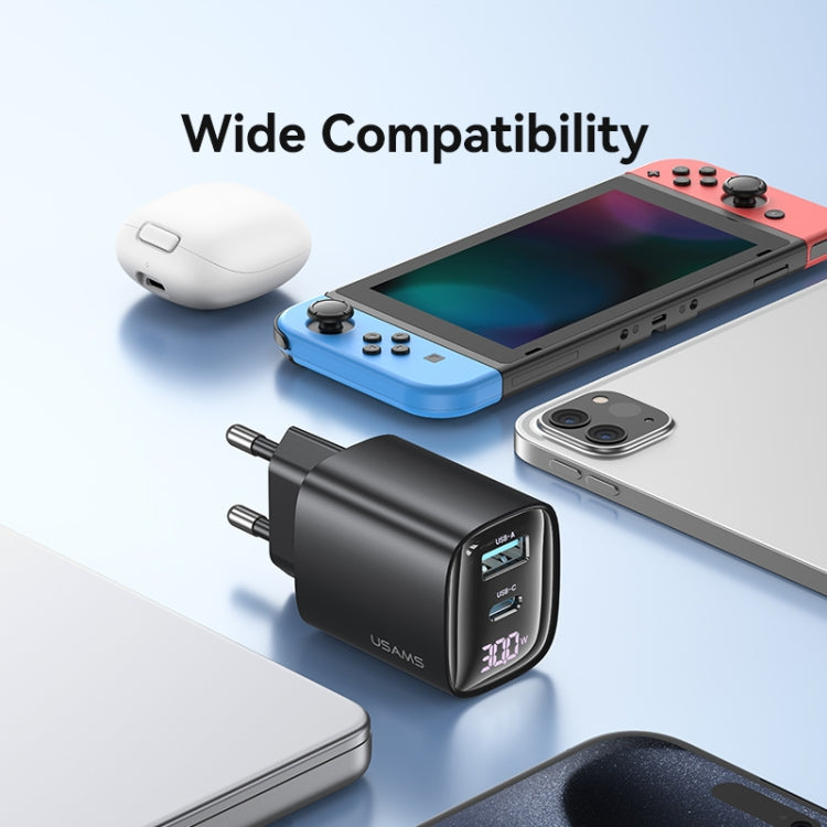 USAMS CC229 30W USB+USB-C / Type-C Dual Port GaN Digital Display Charger, Specifications: EU Plug