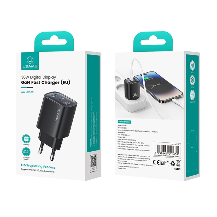 USAMS CC229 30W USB+USB-C / Type-C Dual Port GaN Digital Display Charger, Specifications: EU Plug