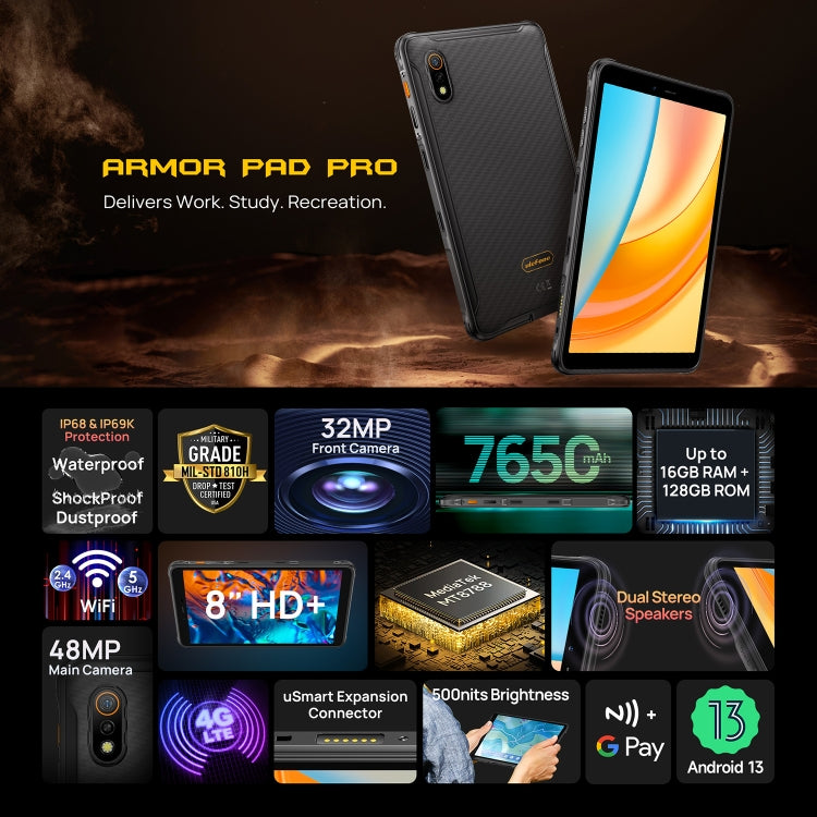 [HK Warehouse] Ulefone Armor Pad Pro Rugged Tablet PC, 8GB+128GB, 8 inch Android 13 MediaTek MT8788 Octa Core 4G Network, EU Plug - Black