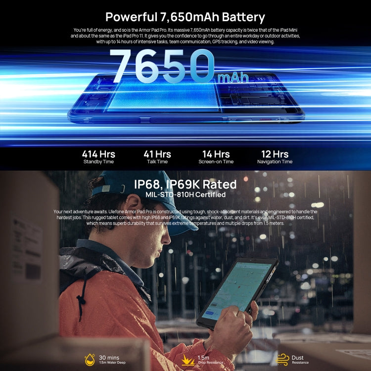 [HK Warehouse] Ulefone Armor Pad Pro Rugged Tablet PC, 8GB+128GB, 8 inch Android 13 MediaTek MT8788 Octa Core 4G Network, EU Plug - Black