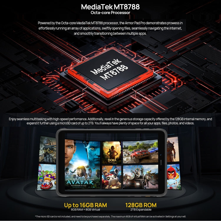 [HK Warehouse] Ulefone Armor Pad Pro Rugged Tablet PC, 8GB+128GB, 8 inch Android 13 MediaTek MT8788 Octa Core 4G Network, EU Plug - Black