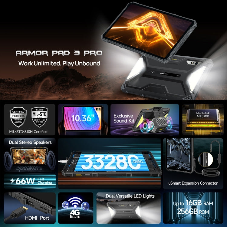 [HK Warehouse] Ulefone Armor Pad 3 Pro Rugged Tablet PC, 8GB+256GB, 10.36 inch Android 13 MediaTek MT8788 Octa Core 4G Network, EU Plug - Black