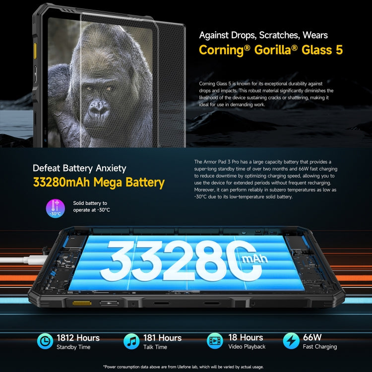 [HK Warehouse] Ulefone Armor Pad 3 Pro Rugged Tablet PC, 8GB+256GB, 10.36 inch Android 13 MediaTek MT8788 Octa Core 4G Network, EU Plug - Black