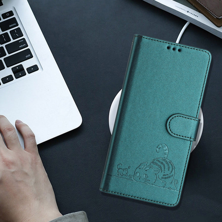 For Samsung Galax S22+ 5G Cat Rat Embossed Pattern RFID PU Phone Case with Wrist Strap