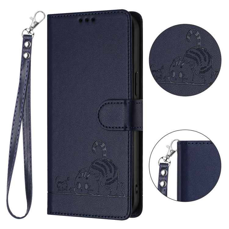 For Samsung Galax S24 5G Cat Rat Embossed Pattern RFID PU Phone Case with Wrist Strap