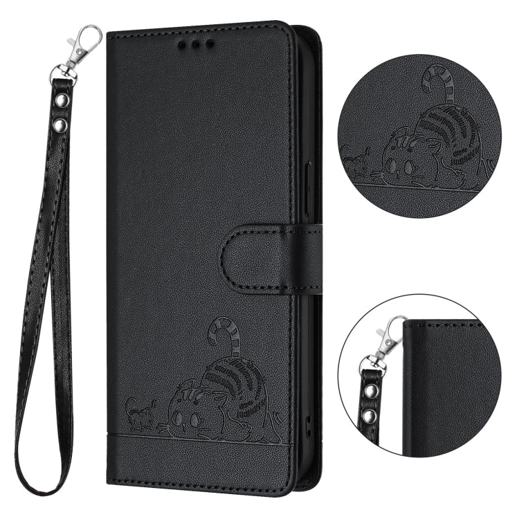 For Xiaomi 14 Pro Cat Rat Embossed Pattern RFID PU Phone Case with Wrist Strap