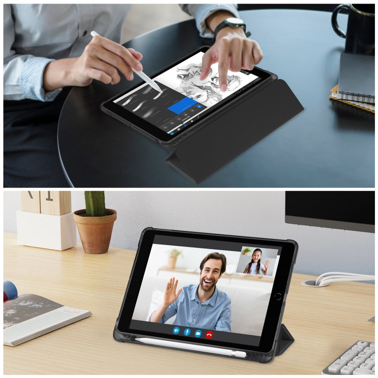 For iPad 10.2 2021 / 2020 / 2019 Tri-fold Holder TPU Cover Frosted Leather Smart Tablet Case withh Pen Slot