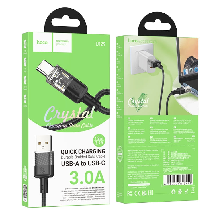 hoco U129 Spirit 1.2m 3A USB to USB-C / Type-C Transparent Charging Data Cable