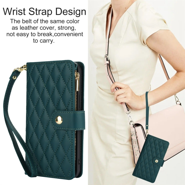 For iPhone 15 Plus YM016 Rhombic Zipper Card Wallet Leather Phone Case with Lanyard