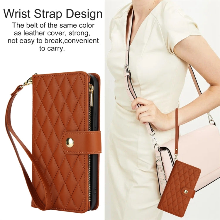 For iPhone 15 Plus YM016 Rhombic Zipper Card Wallet Leather Phone Case with Lanyard