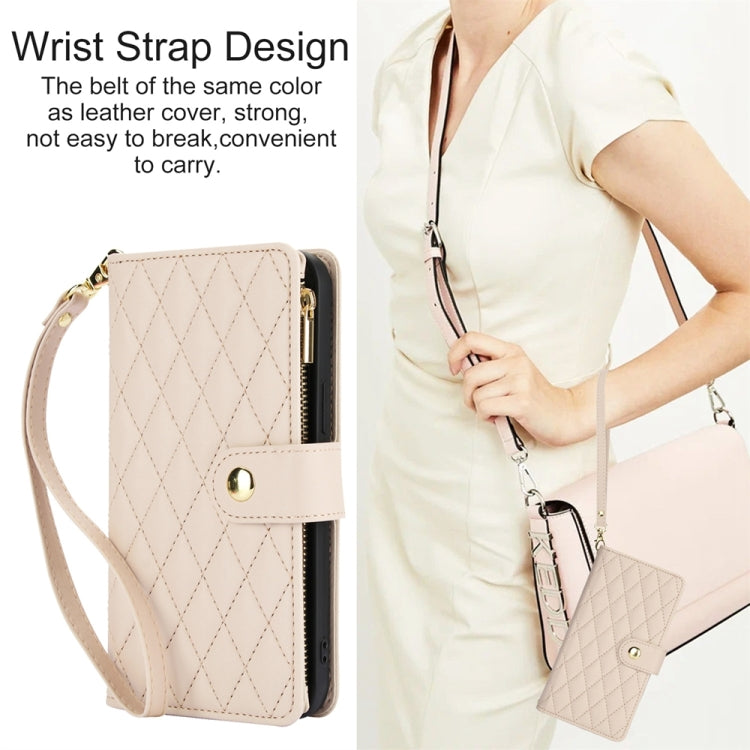 For iPhone 15 Plus YM016 Rhombic Zipper Card Wallet Leather Phone Case with Lanyard