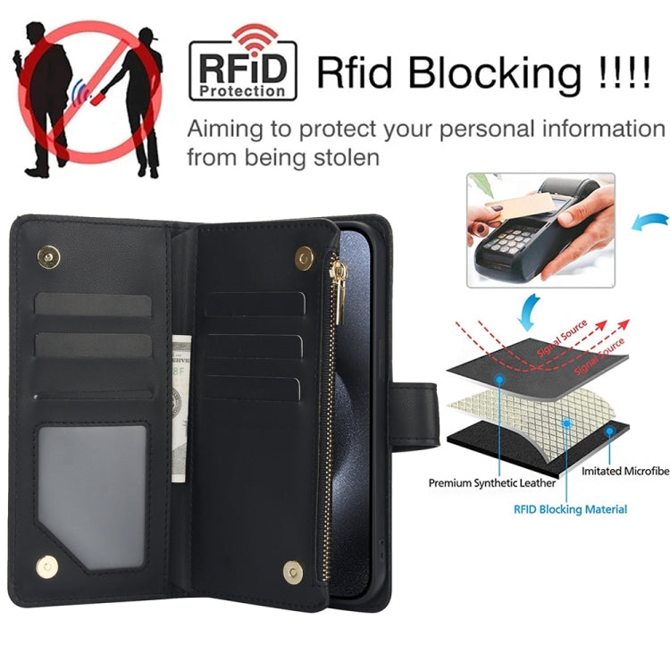 For iPhone 15 Plus YM016 Rhombic Zipper Card Wallet Leather Phone Case with Lanyard