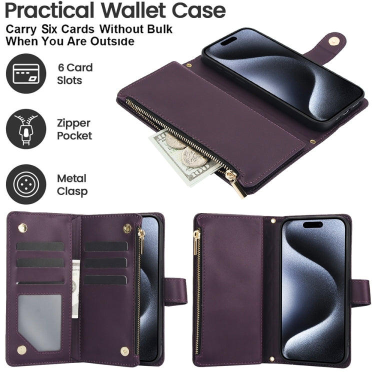 For iPhone 14 YM016 Rhombic Zipper Card Wallet Leather Phone Case with Lanyard