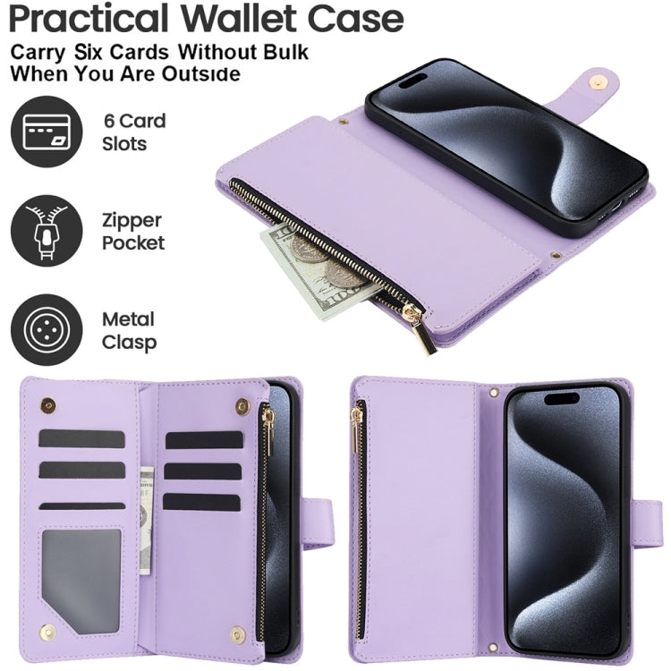 For iPhone 14 YM016 Rhombic Zipper Card Wallet Leather Phone Case with Lanyard