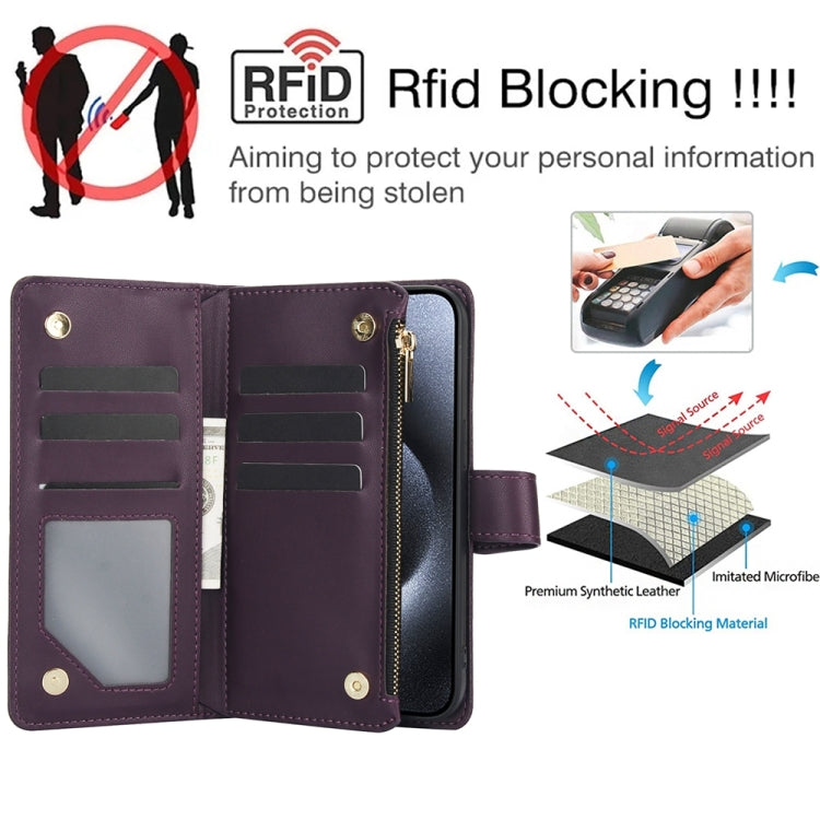 For iPhone 14 Plus YM016 Rhombic Zipper Card Wallet Leather Phone Case with Lanyard