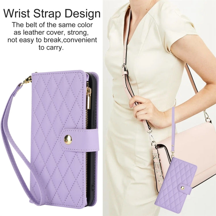 For iPhone 14 Plus YM016 Rhombic Zipper Card Wallet Leather Phone Case with Lanyard