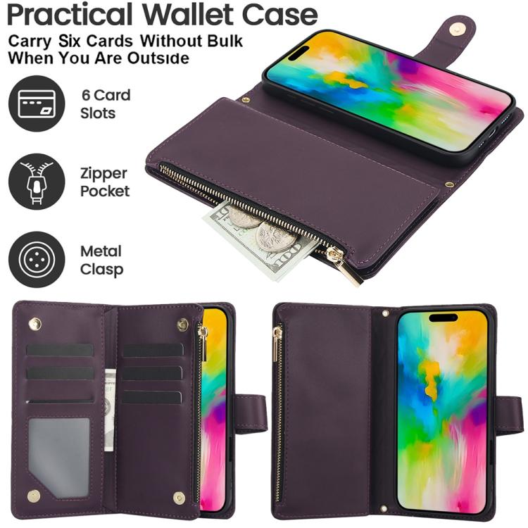 For iPhone 16 Pro Max YM016 Rhombic Zipper Card Wallet Leather Phone Case with Lanyard