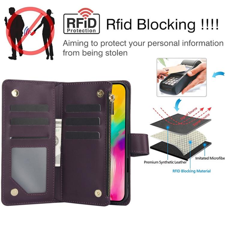 For iPhone 16 Pro Max YM016 Rhombic Zipper Card Wallet Leather Phone Case with Lanyard