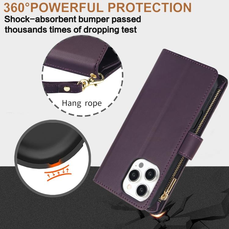 For iPhone 16 Pro Max YM016 Rhombic Zipper Card Wallet Leather Phone Case with Lanyard