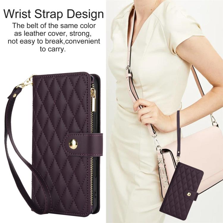 For iPhone 16 Pro Max YM016 Rhombic Zipper Card Wallet Leather Phone Case with Lanyard