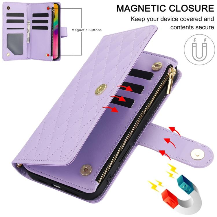 For iPhone 16 Pro Max YM016 Rhombic Zipper Card Wallet Leather Phone Case with Lanyard
