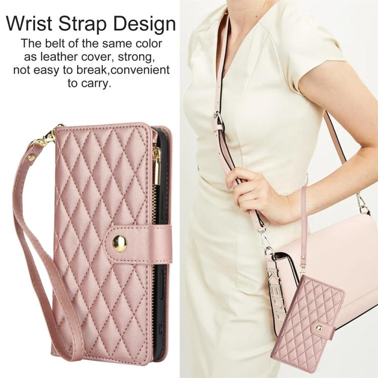 For iPhone 16 Pro Max YM016 Rhombic Zipper Card Wallet Leather Phone Case with Lanyard