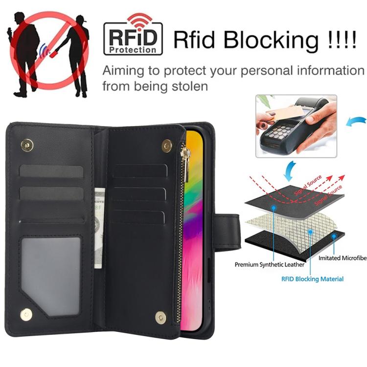 For iPhone 16 Pro Max YM016 Rhombic Zipper Card Wallet Leather Phone Case with Lanyard